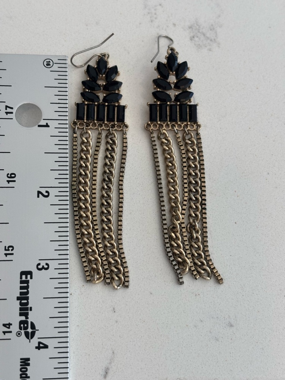 Black Rhinestone Gold Tone Fringe Chandelier Statement Earrings Mixed Chain Drop - Picture 2 of 2